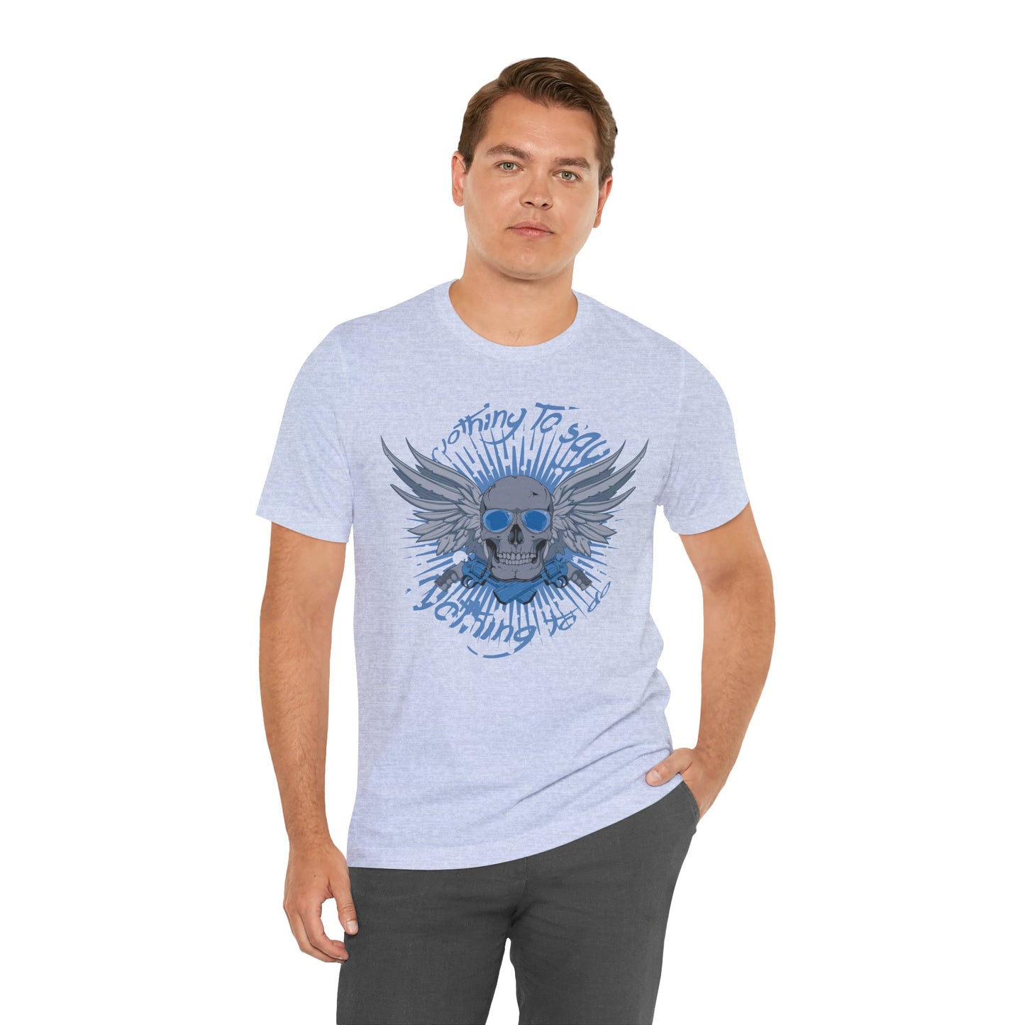 Winged Skull Graphic Tee | Blue Skull with Wings, Radiant Burst