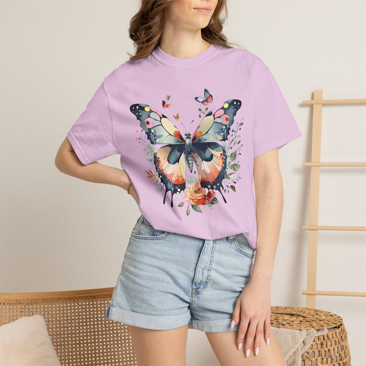 Butterfly Floral Print T-Shirt Botanical Design Unisex Heavy Cotton Tee b3