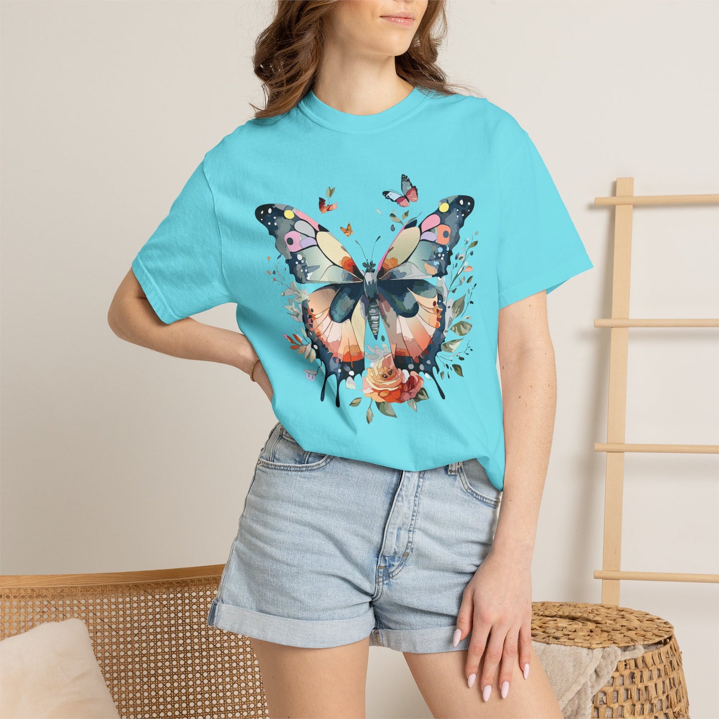 Butterfly Floral Print T-Shirt Botanical Design Unisex Heavy Cotton Tee b3