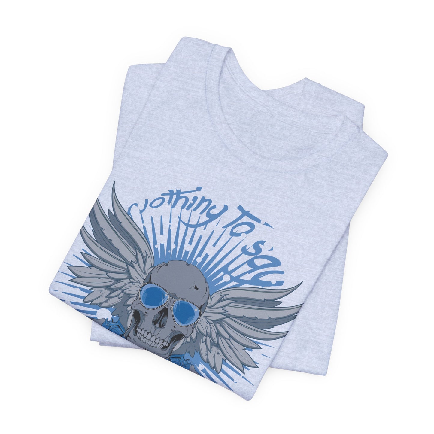 Winged Skull Graphic Tee | Blue Skull with Wings, Radiant Burst