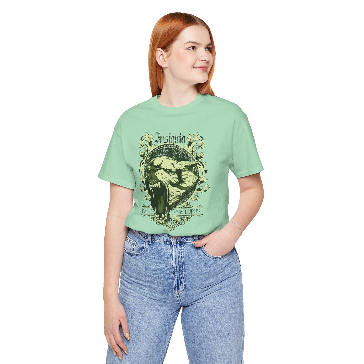 Howling Wolf Skull Tee Gothic Vintage Crest, Green Graphic Shirt Art-54