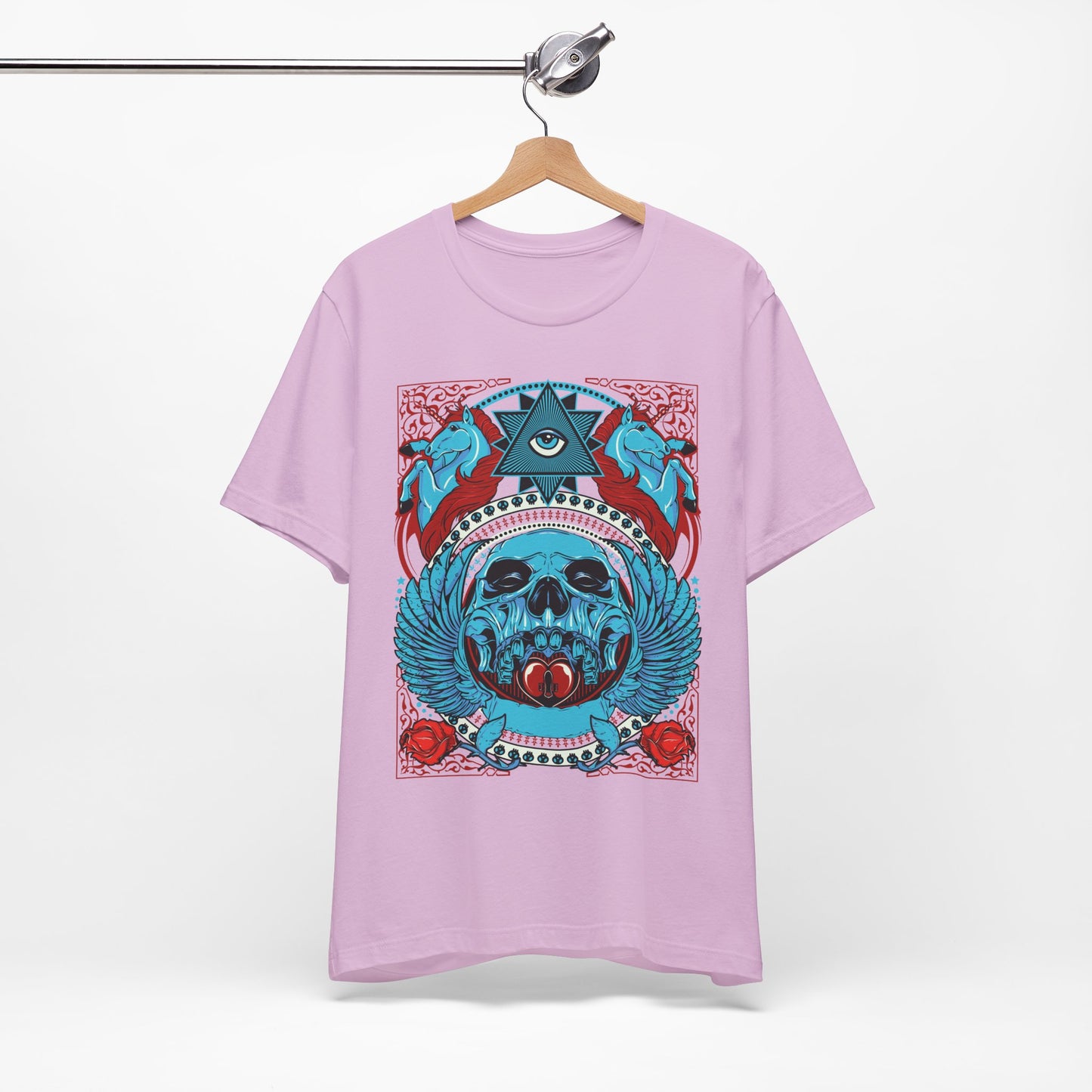 All-Seeing Skull Illustration Tee Winged Skull Third Eye Roses T-Shirt