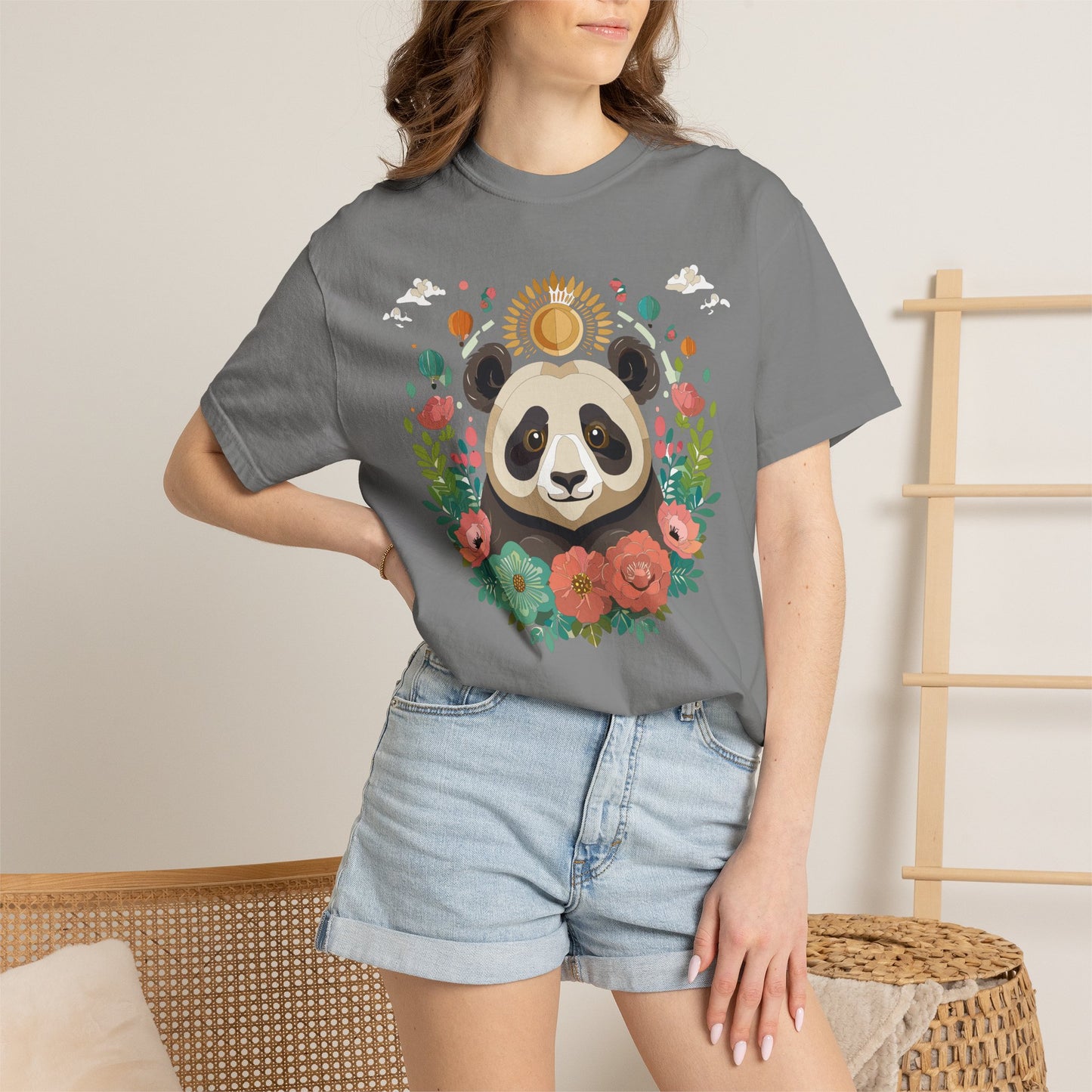 Panda Portrait T-Shirt Unisex Cotton Floral Chinese Graphic Circle Animal Art Tee p4