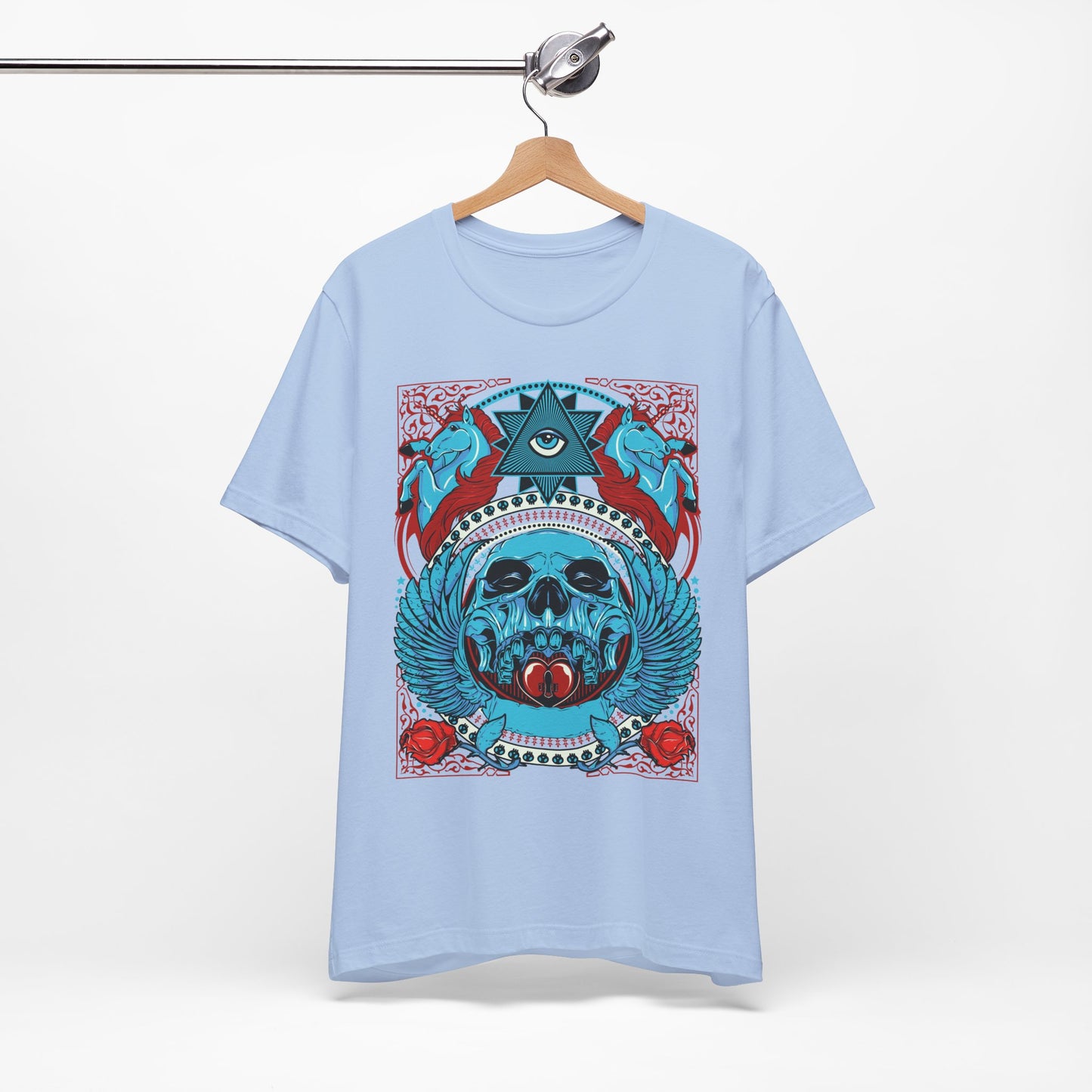 All-Seeing Skull Illustration Tee Winged Skull Third Eye Roses T-Shirt