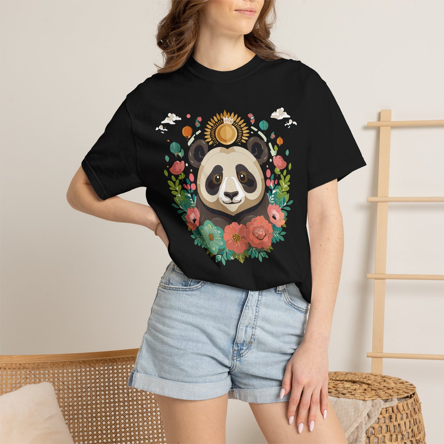 Panda Portrait T-Shirt Unisex Cotton Floral Chinese Graphic Circle Animal Art Tee p4
