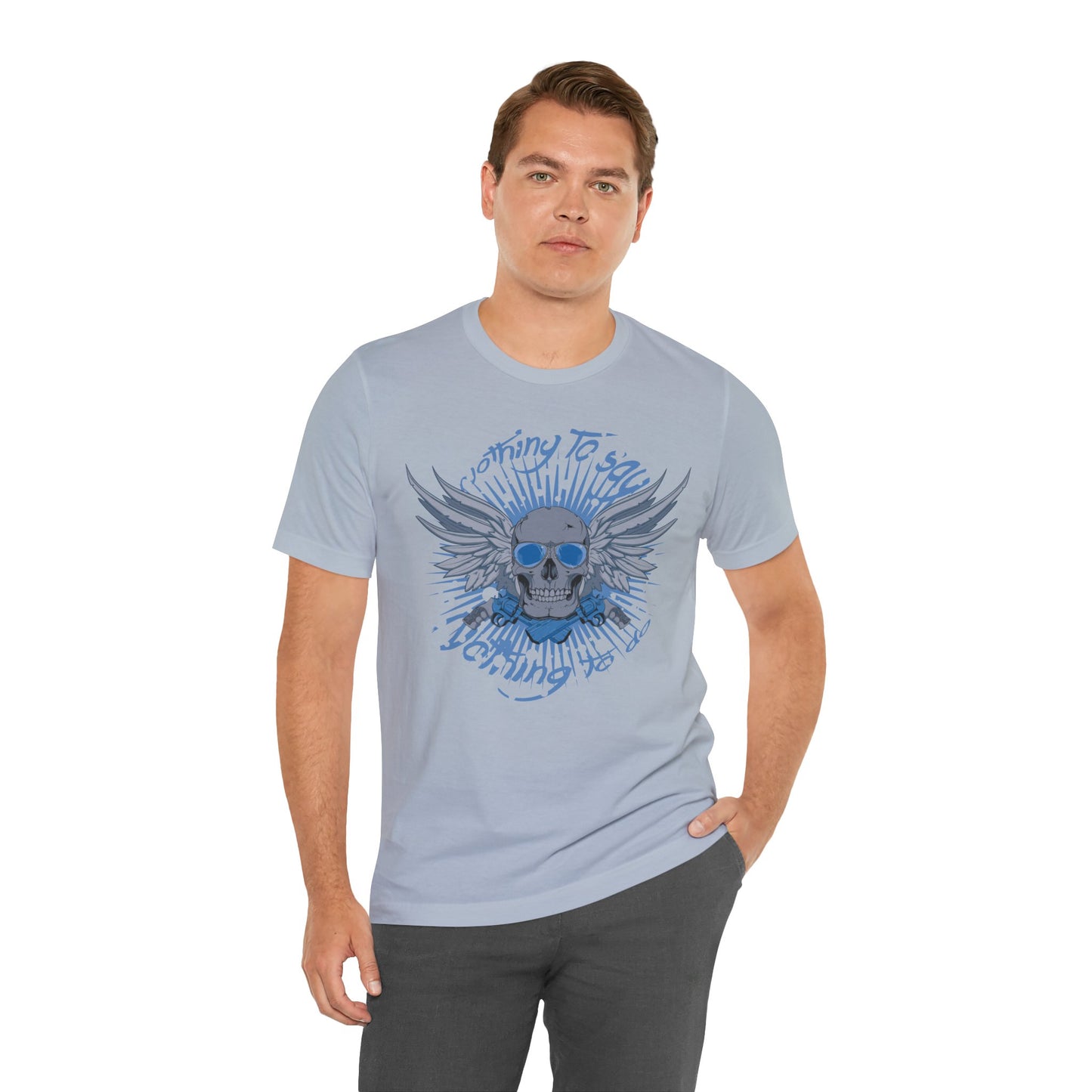 Winged Skull Graphic Tee | Blue Skull with Wings, Radiant Burst