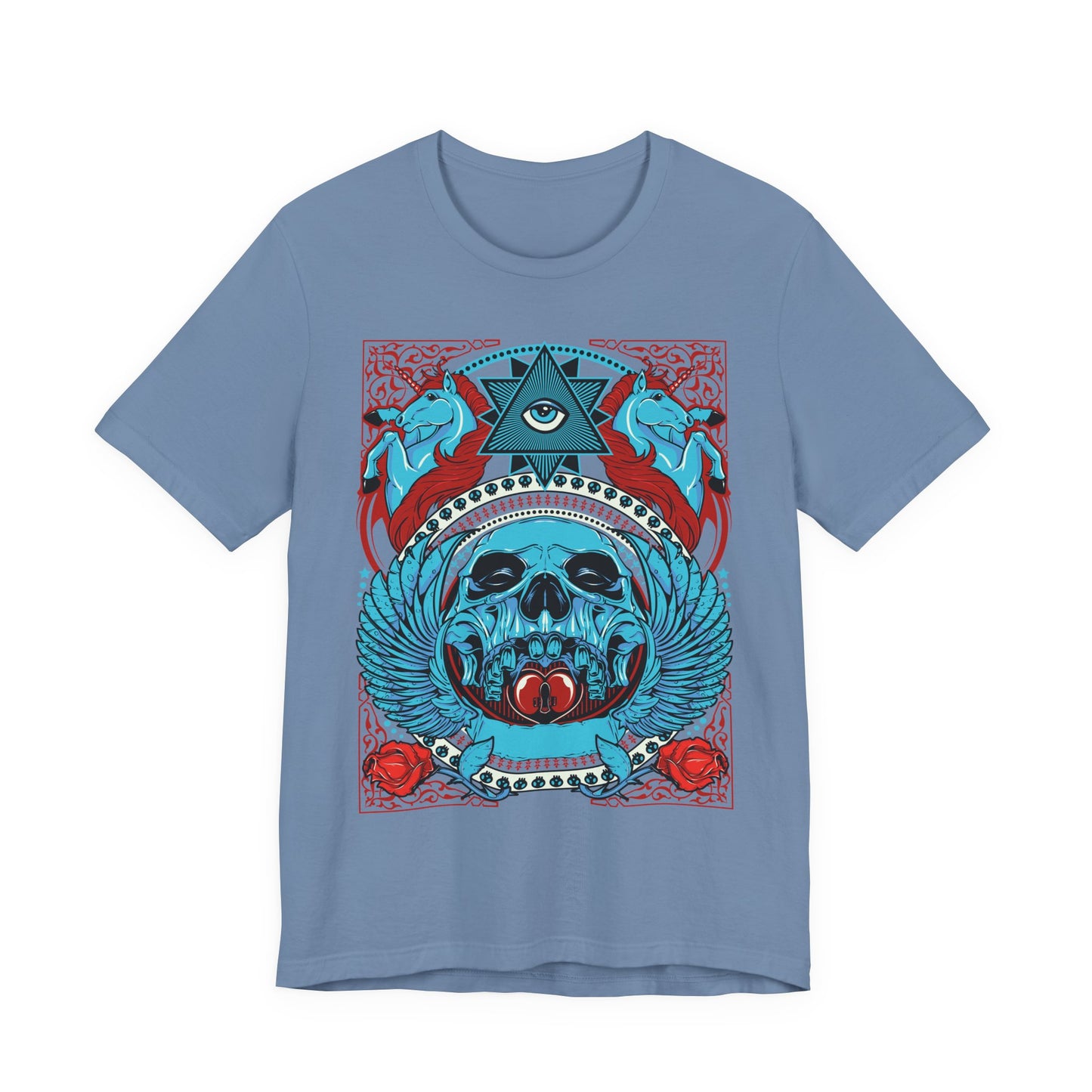 All-Seeing Skull Illustration Tee Winged Skull Third Eye Roses T-Shirt