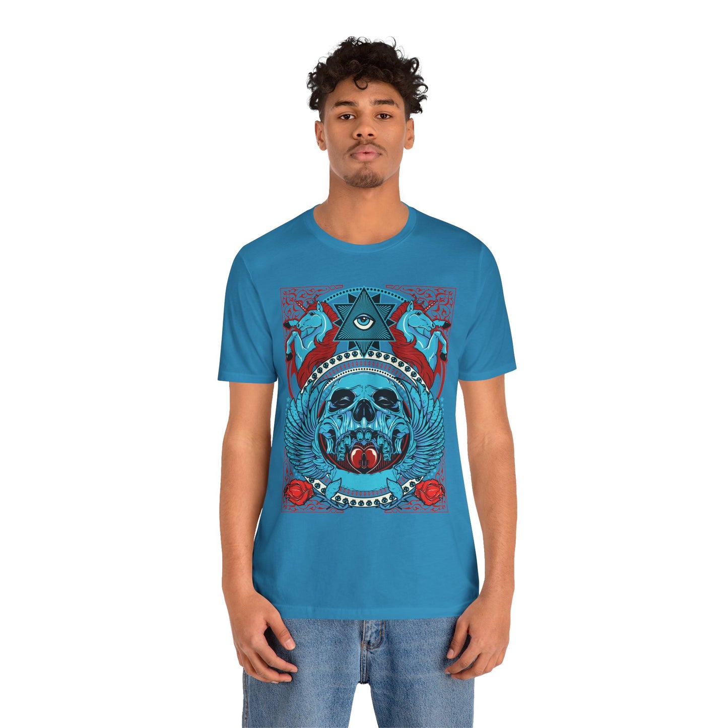 All-Seeing Skull Illustration Tee Winged Skull Third Eye Roses T-Shirt