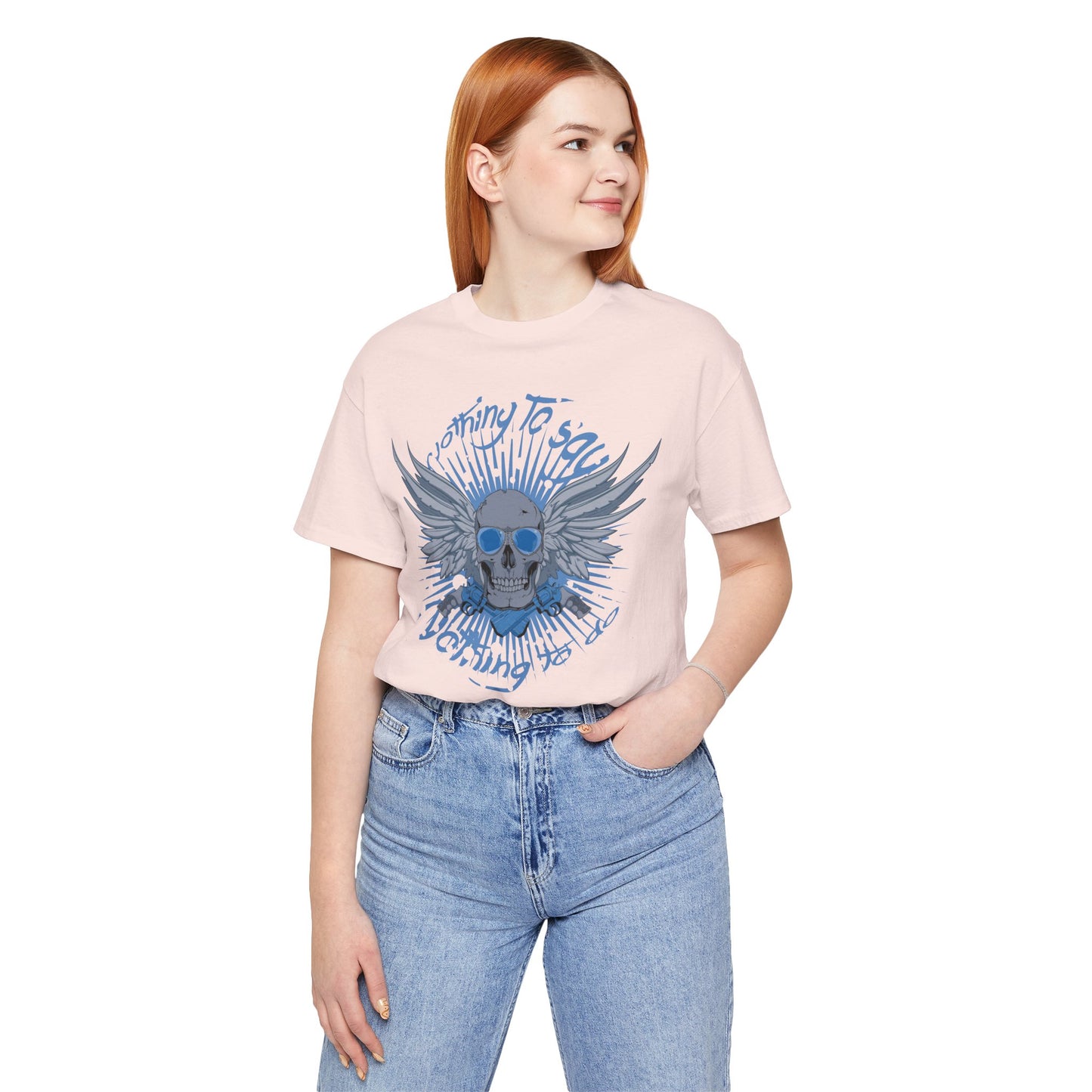 Winged Skull Graphic Tee | Blue Skull with Wings, Radiant Burst
