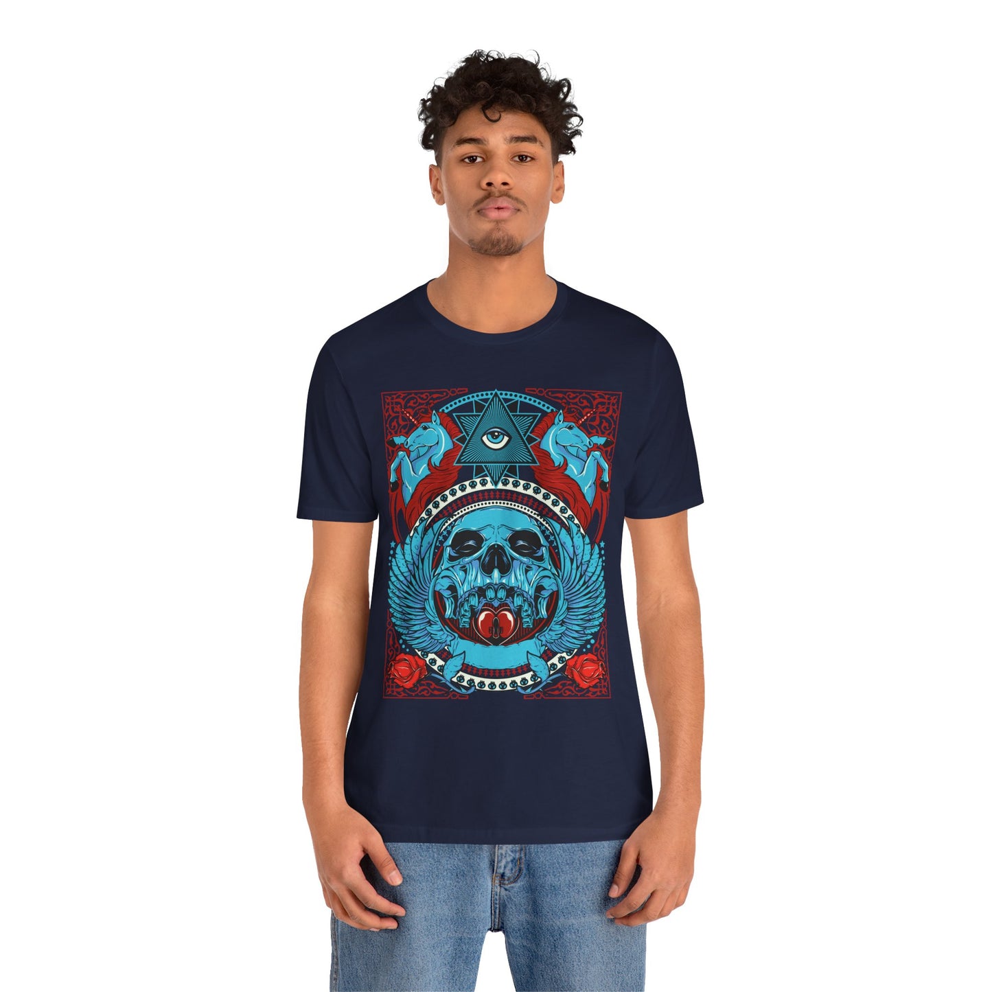 All-Seeing Skull Illustration Tee Winged Skull Third Eye Roses T-Shirt