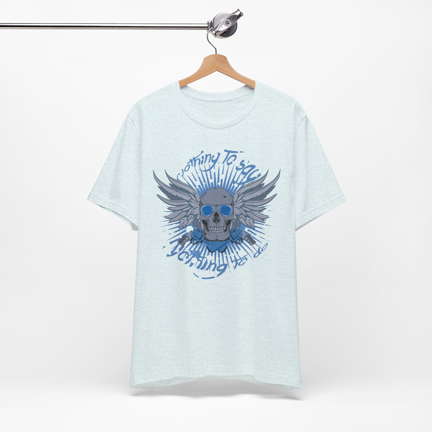 Winged Skull Graphic Tee | Blue Skull with Wings, Radiant Burst