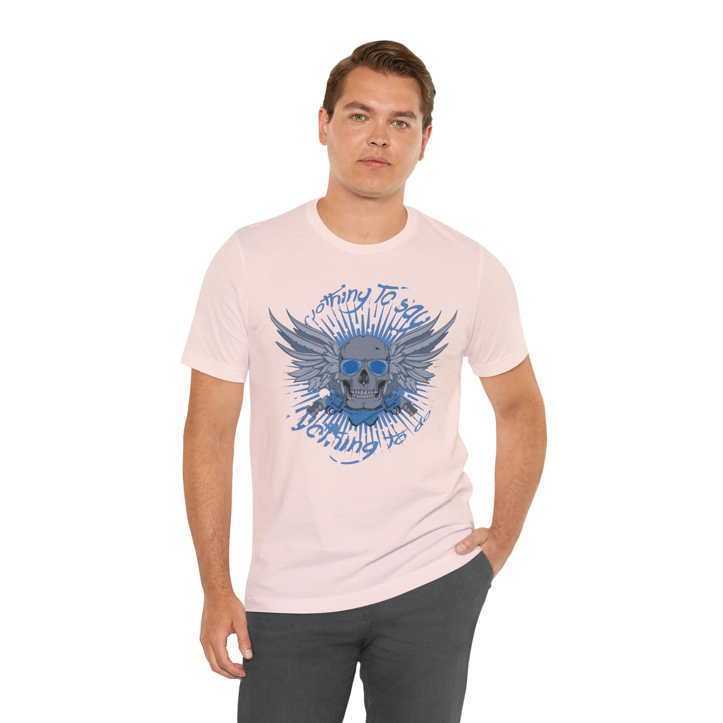 Winged Skull Graphic Tee | Blue Skull with Wings, Radiant Burst