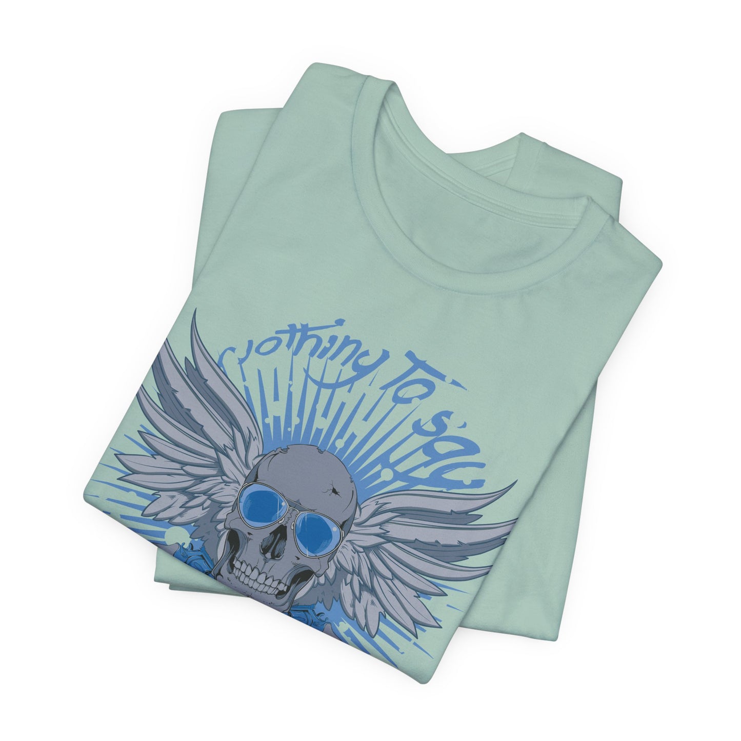 Winged Skull Graphic Tee | Blue Skull with Wings, Radiant Burst