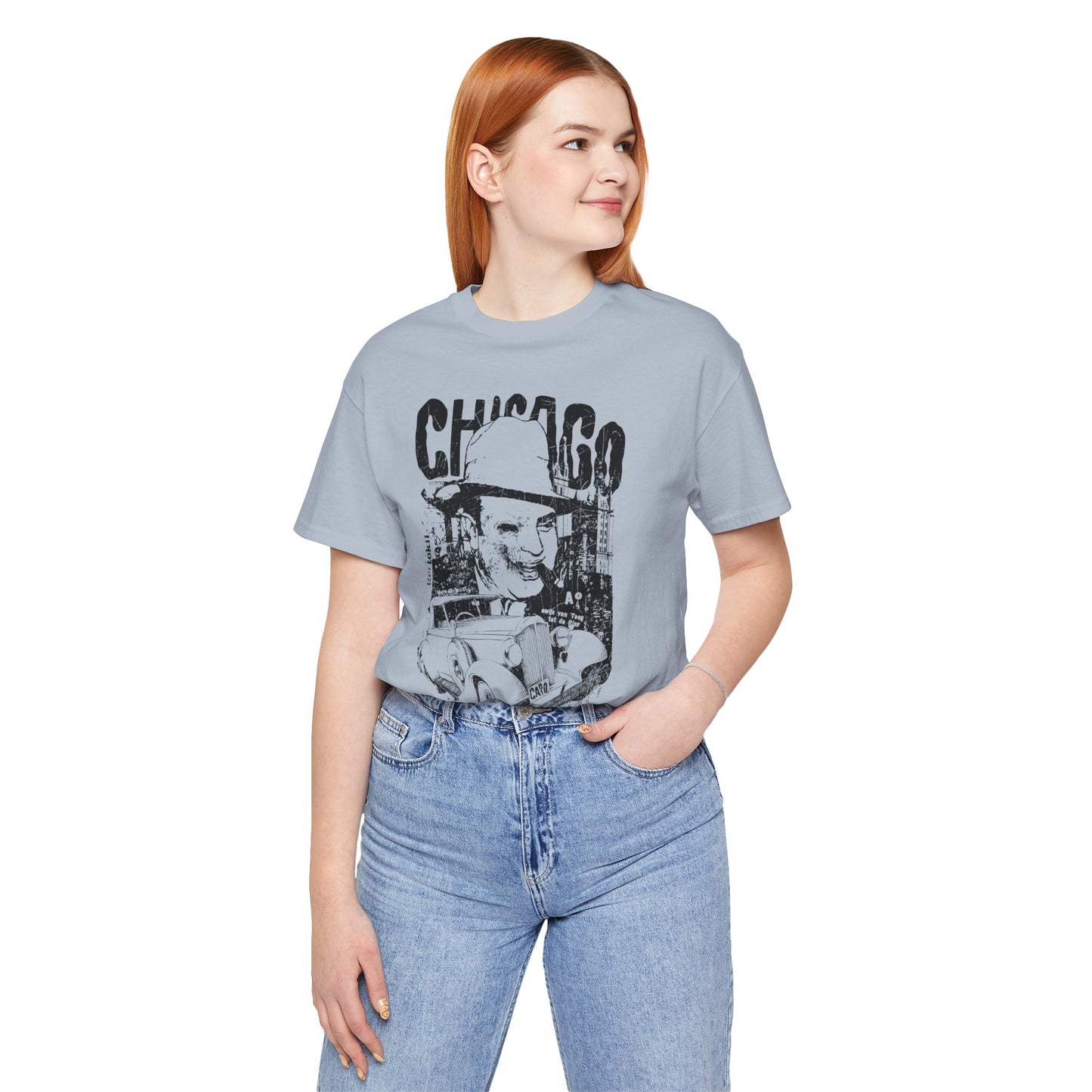 Chicago Retro Mobster Illustration Tee Vintage Car Cityscape Art Design T-Shirt A-8
