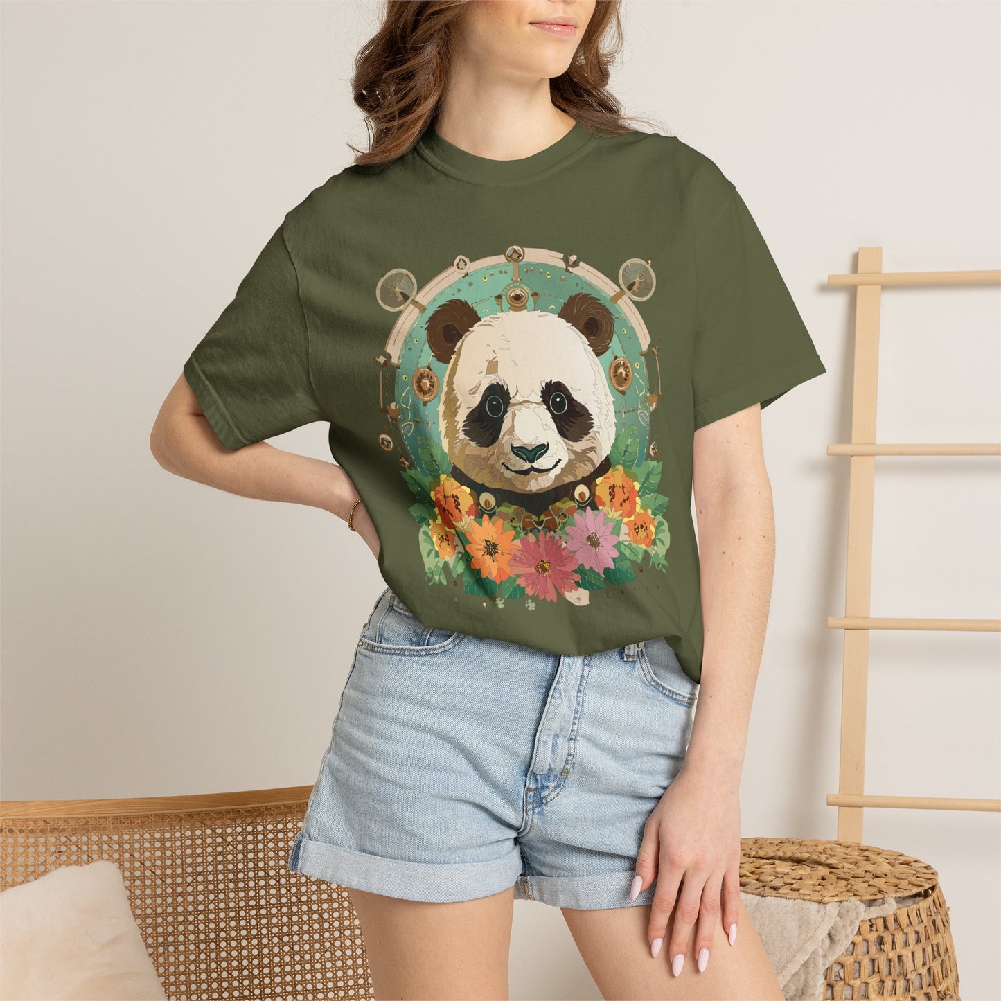Panda Portrait T-Shirt Unisex Cotton Floral Chinese Graphic Circle Animal Art Tee p3
