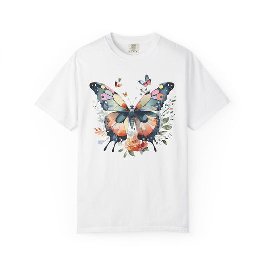 Butterfly Floral Print T-Shirt Botanical Design Unisex Heavy Cotton Tee b3