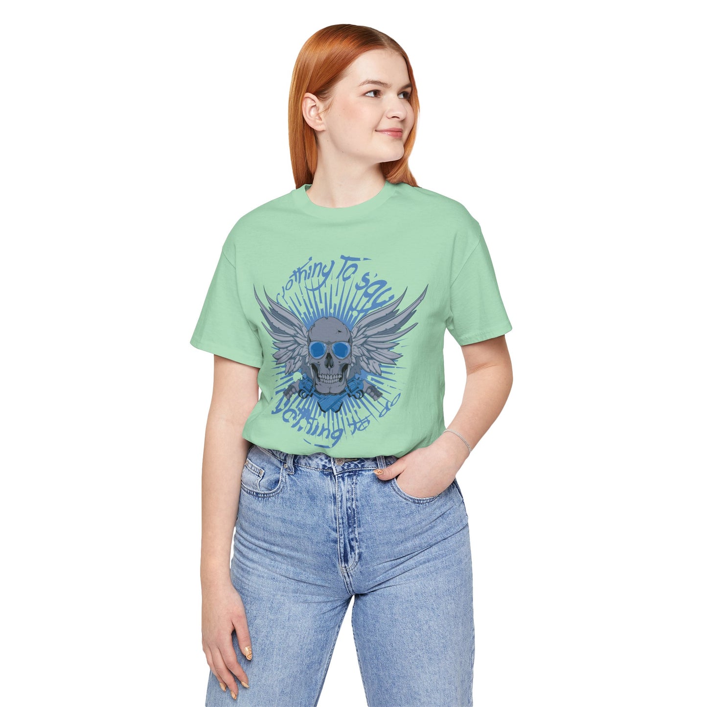 Winged Skull Graphic Tee | Blue Skull with Wings, Radiant Burst
