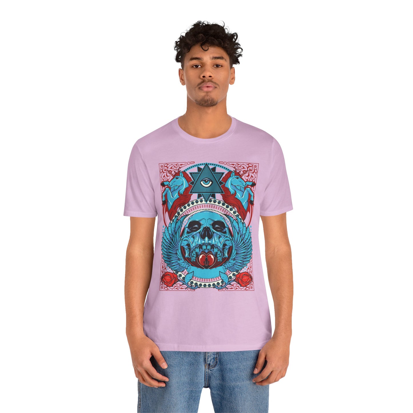 All-Seeing Skull Illustration Tee Winged Skull Third Eye Roses T-Shirt