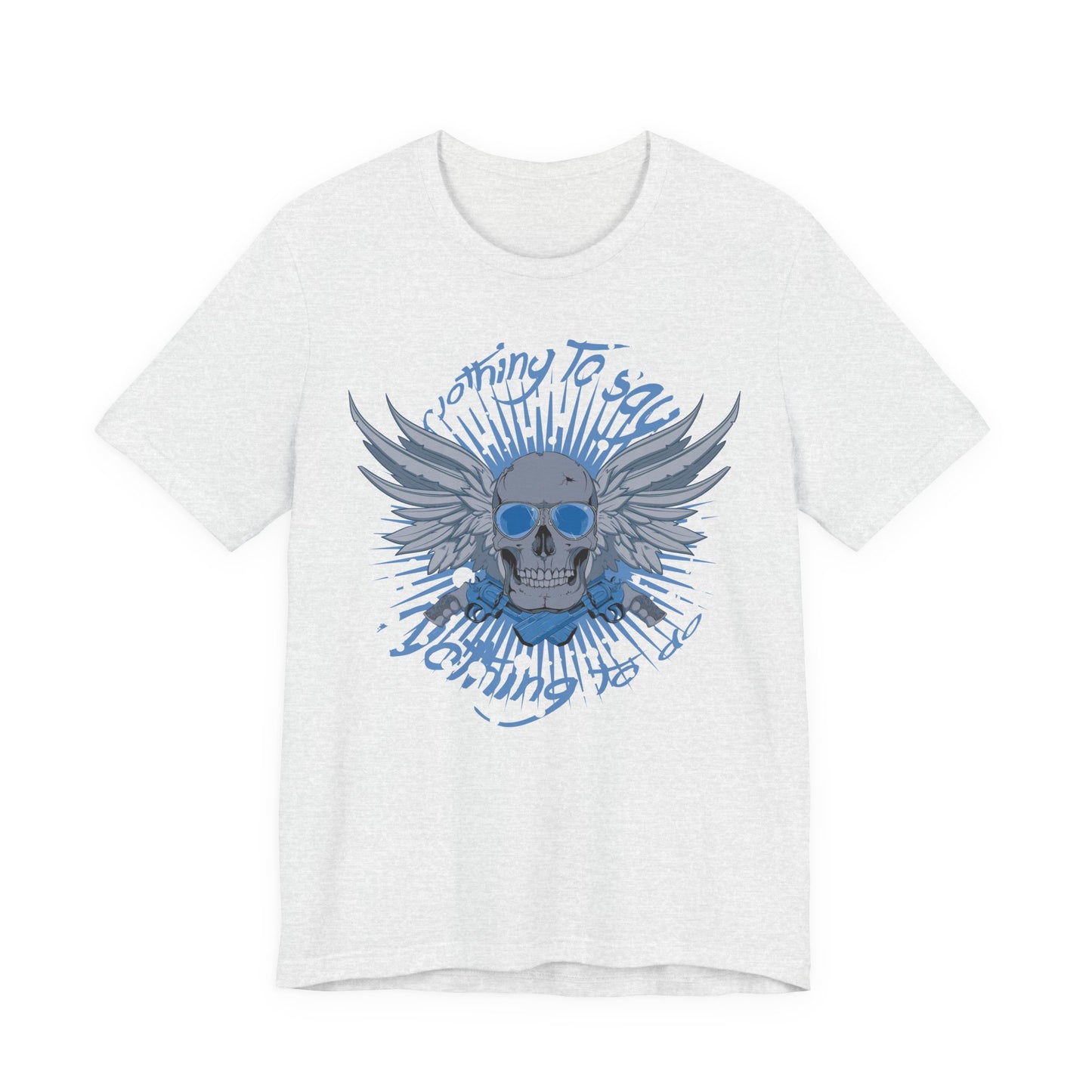 Winged Skull Graphic Tee | Blue Skull with Wings, Radiant Burst