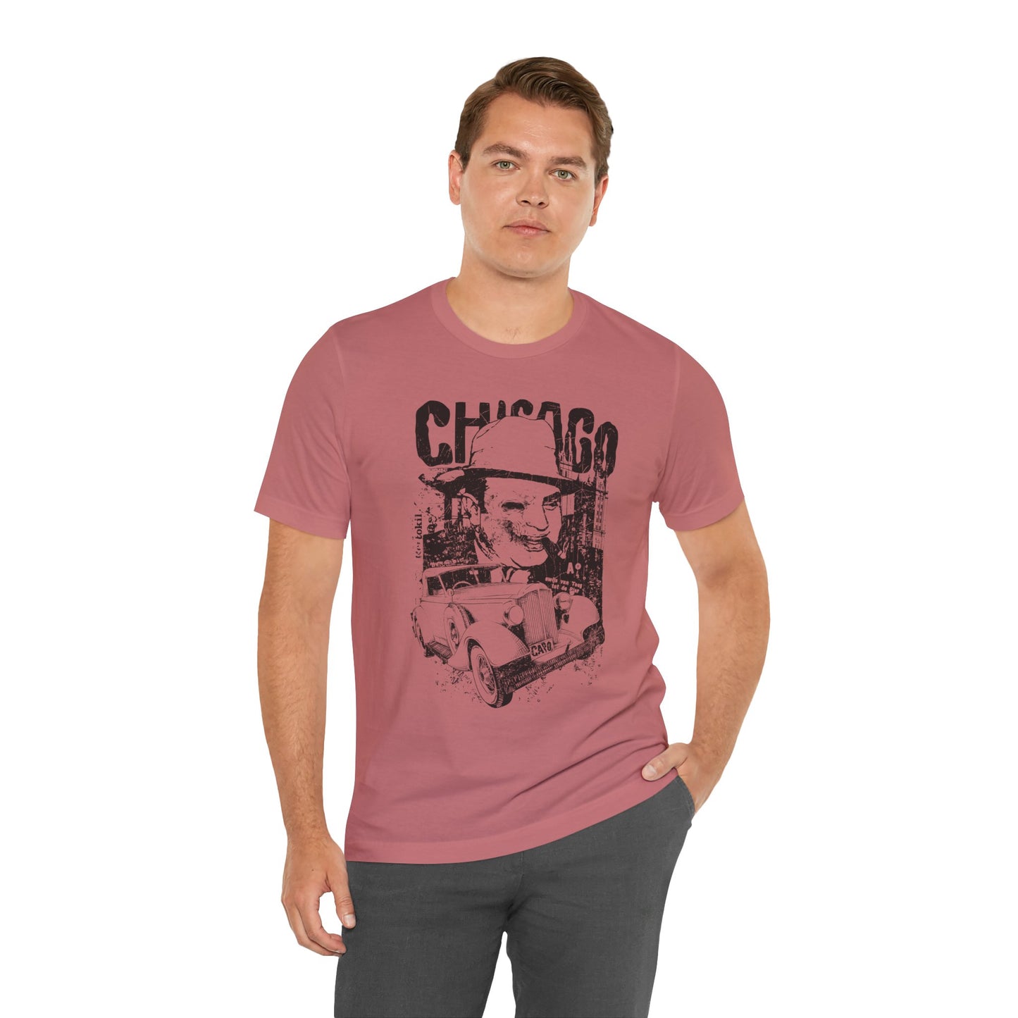 Chicago Retro Mobster Illustration Tee Vintage Car Cityscape Art Design T-Shirt A-8