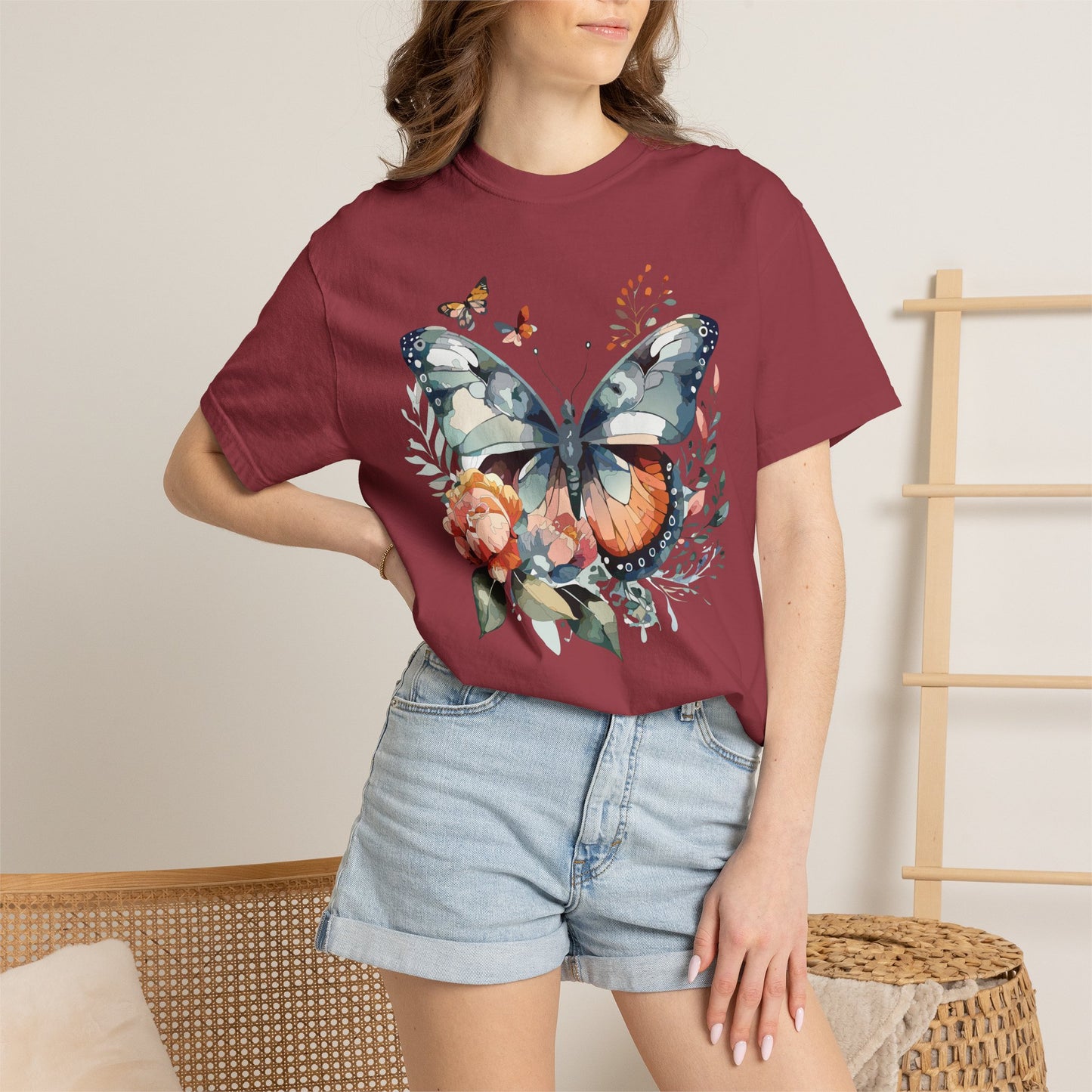 Butterfly Floral Print T-Shirt Botanical Design Unisex Heavy Cotton Tee b1