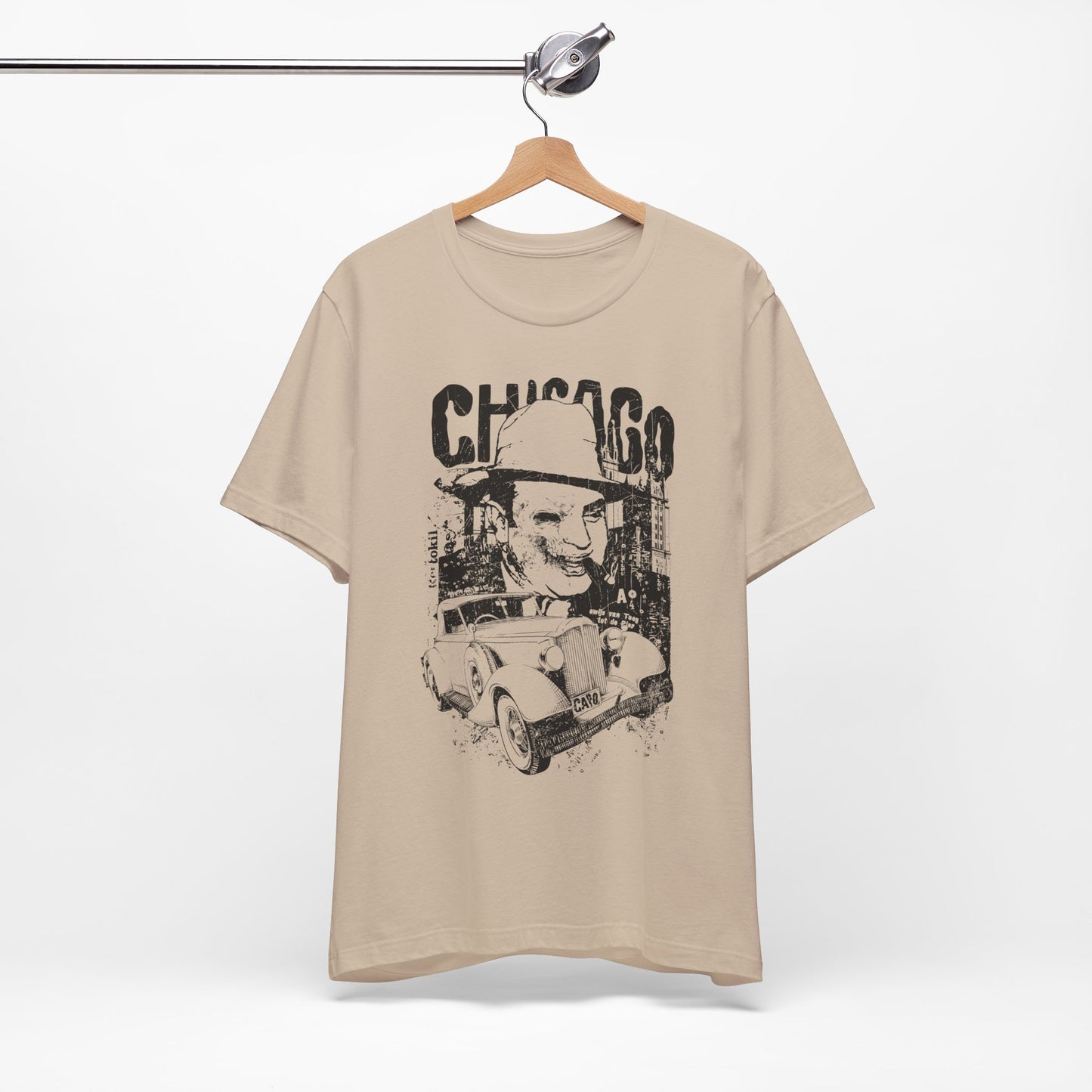Chicago Retro Mobster Illustration Tee Vintage Car Cityscape Art Design T-Shirt A-8