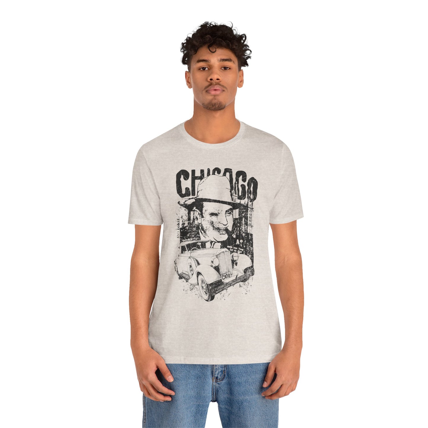 Chicago Retro Mobster Illustration Tee Vintage Car Cityscape Art Design T-Shirt A-8