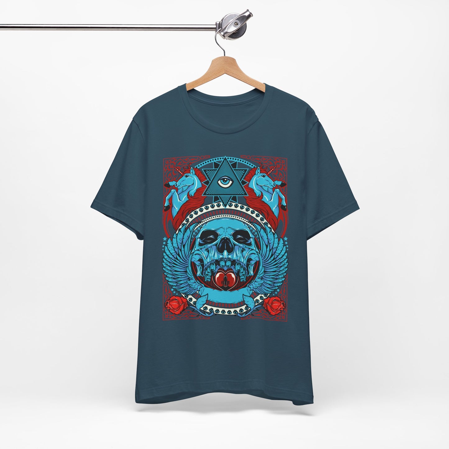 All-Seeing Skull Illustration Tee Winged Skull Third Eye Roses T-Shirt
