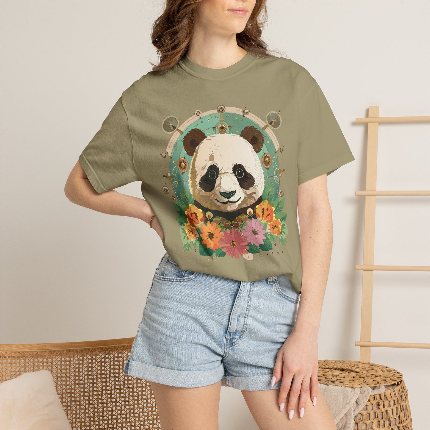 Panda Portrait T-Shirt Unisex Cotton Floral Chinese Graphic Circle Animal Art Tee p3