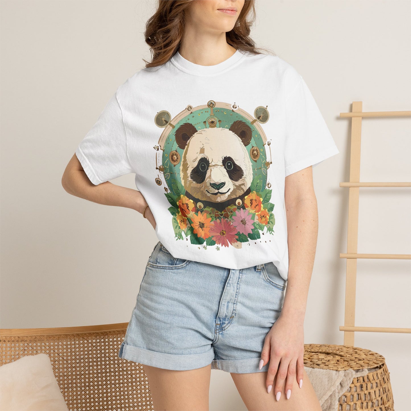 Panda Portrait T-Shirt Unisex Cotton Floral Chinese Graphic Circle Animal Art Tee p3