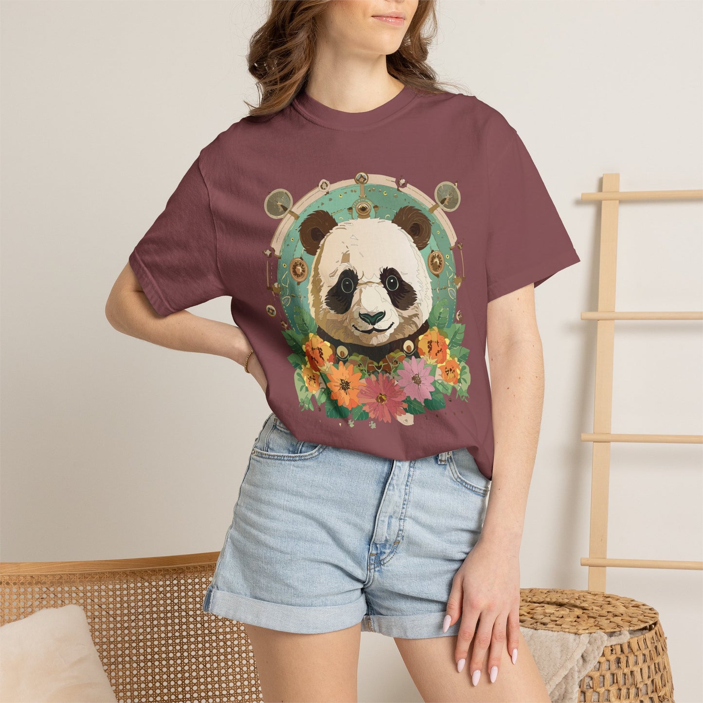 Panda Portrait T-Shirt Unisex Cotton Floral Chinese Graphic Circle Animal Art Tee p3