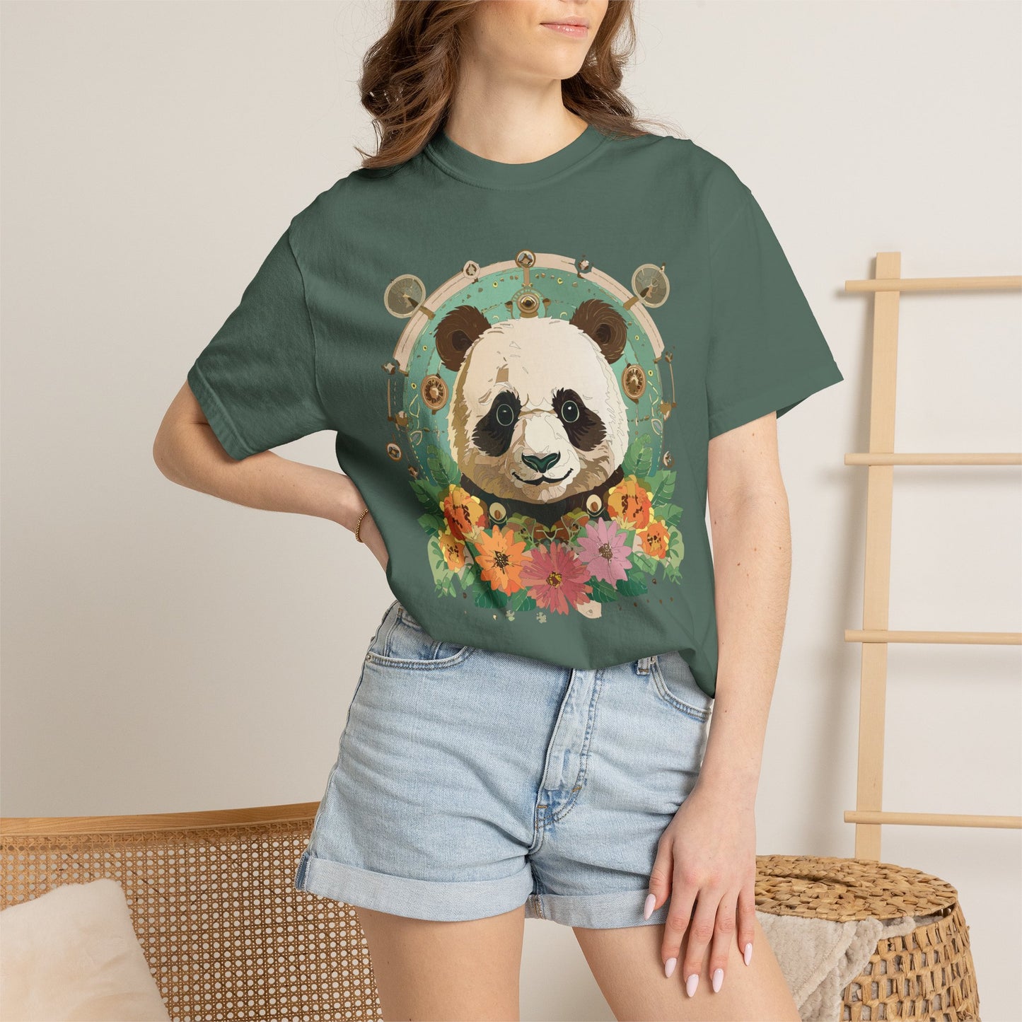 Panda Portrait T-Shirt Unisex Cotton Floral Chinese Graphic Circle Animal Art Tee p3