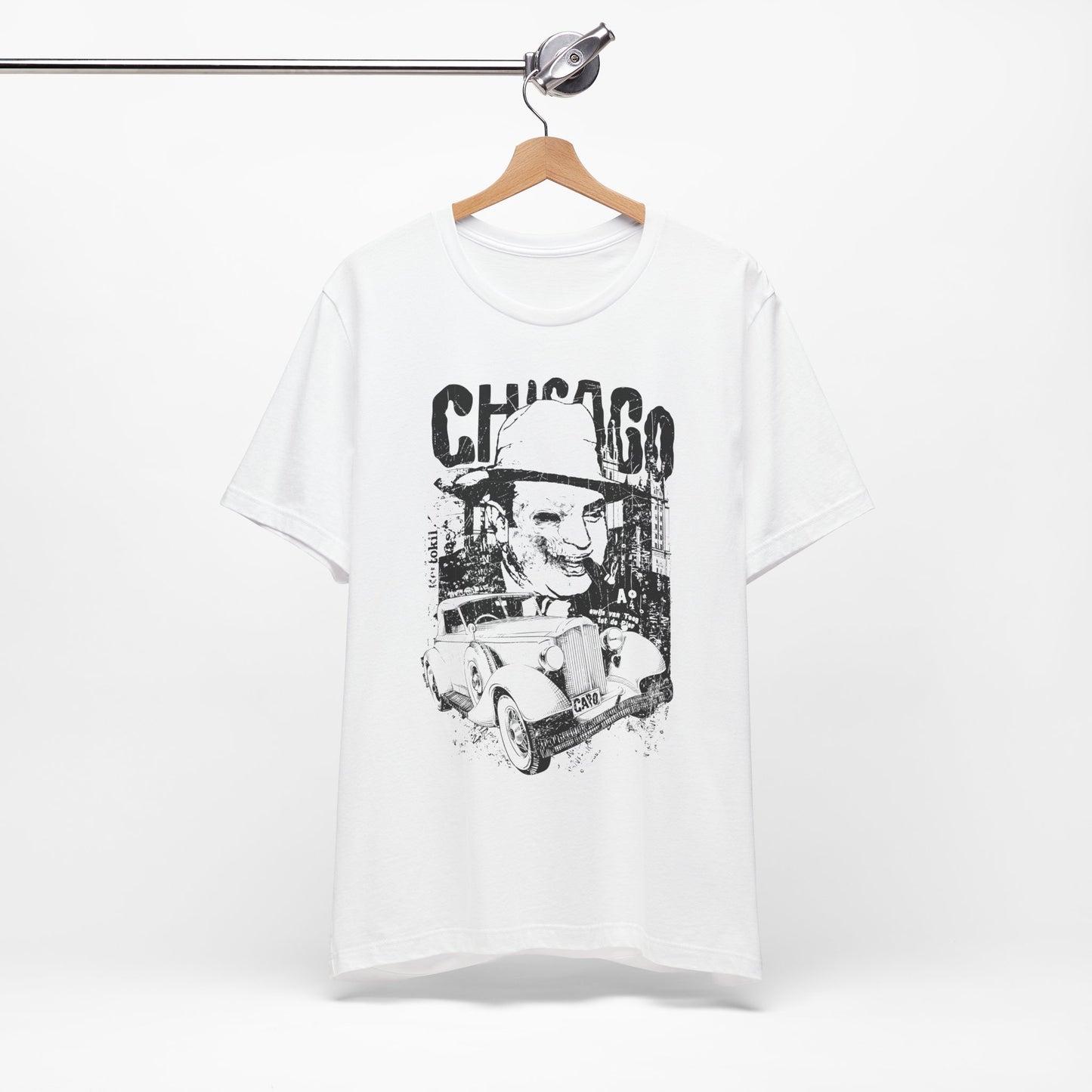 Chicago Retro Mobster Illustration Tee Vintage Car Cityscape Art Design T-Shirt A-8