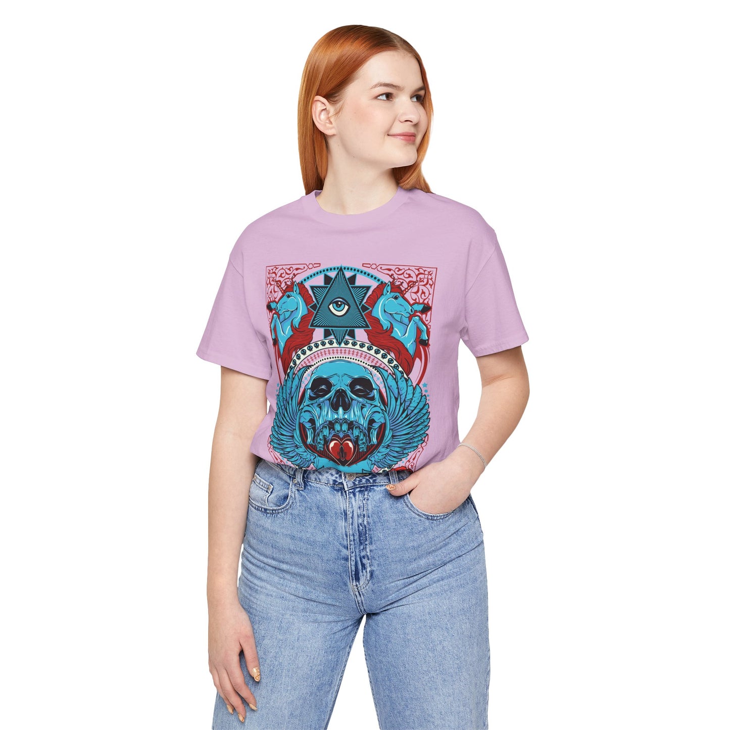 All-Seeing Skull Illustration Tee Winged Skull Third Eye Roses T-Shirt