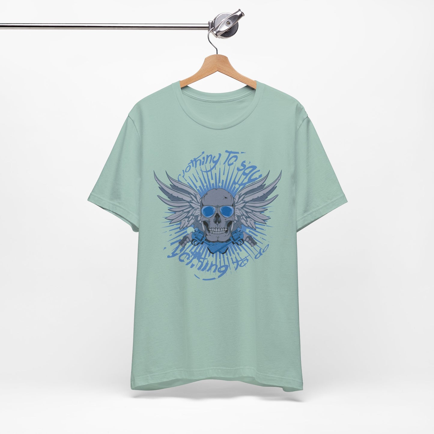 Winged Skull Graphic Tee | Blue Skull with Wings, Radiant Burst