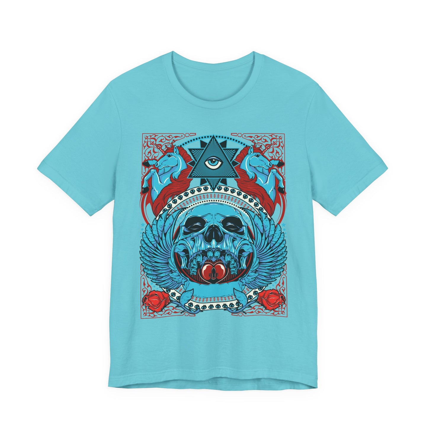 All-Seeing Skull Illustration Tee Winged Skull Third Eye Roses T-Shirt