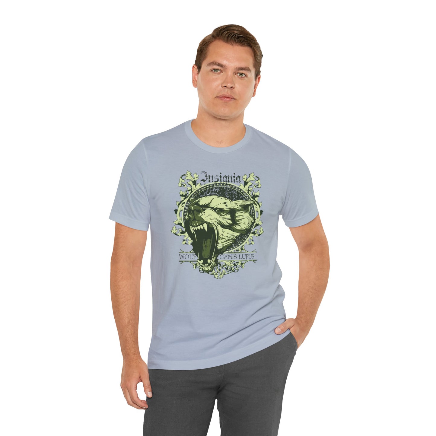 Howling Wolf Skull Tee Gothic Vintage Crest, Green Graphic Shirt Art-54