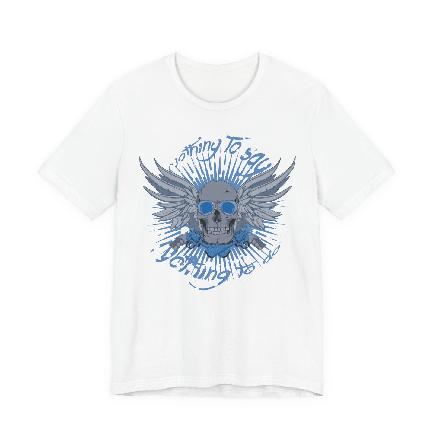 Winged Skull Graphic Tee | Blue Skull with Wings, Radiant Burst