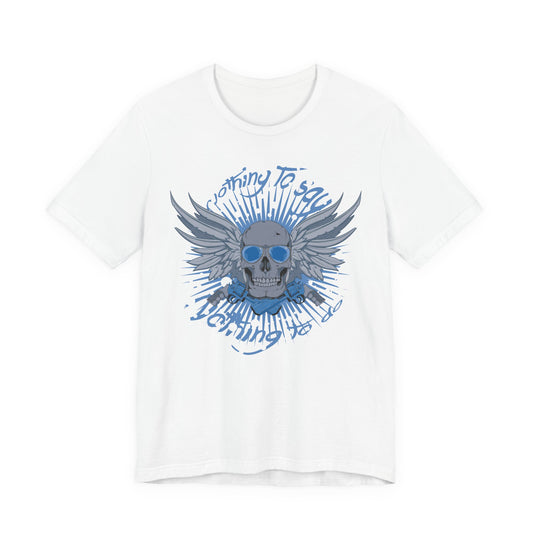 Winged Skull Graphic Tee | Blue Skull with Wings, Radiant Burst