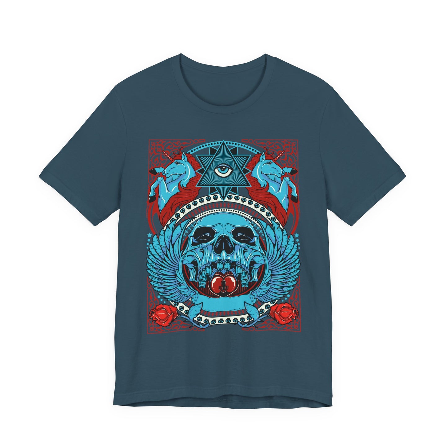 All-Seeing Skull Illustration Tee Winged Skull Third Eye Roses T-Shirt