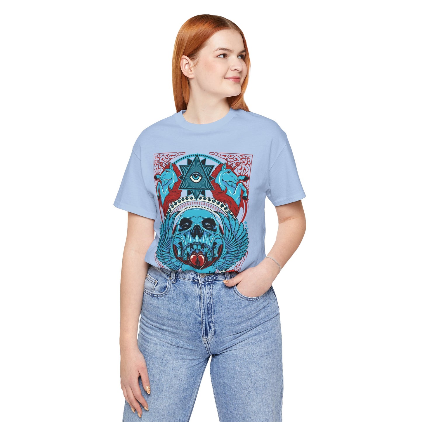 All-Seeing Skull Illustration Tee Winged Skull Third Eye Roses T-Shirt