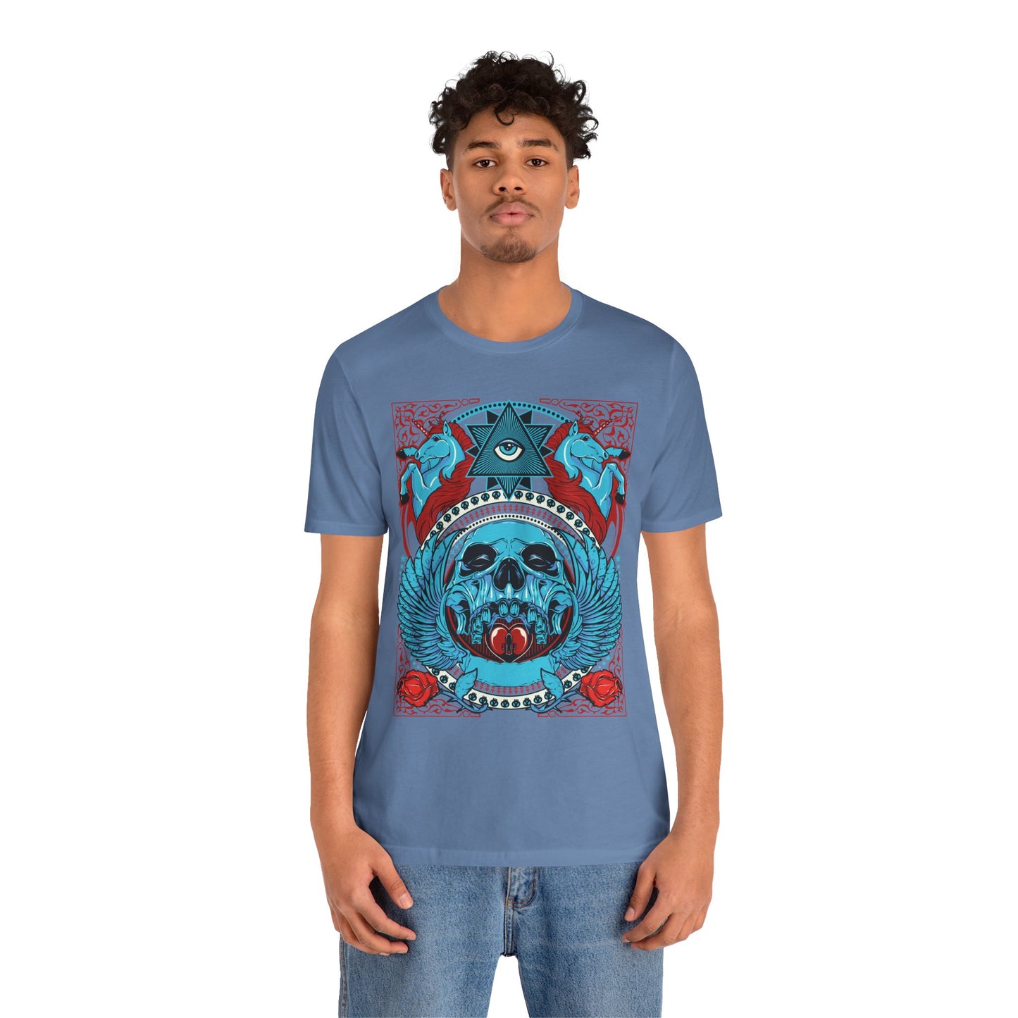 All-Seeing Skull Illustration Tee Winged Skull Third Eye Roses T-Shirt