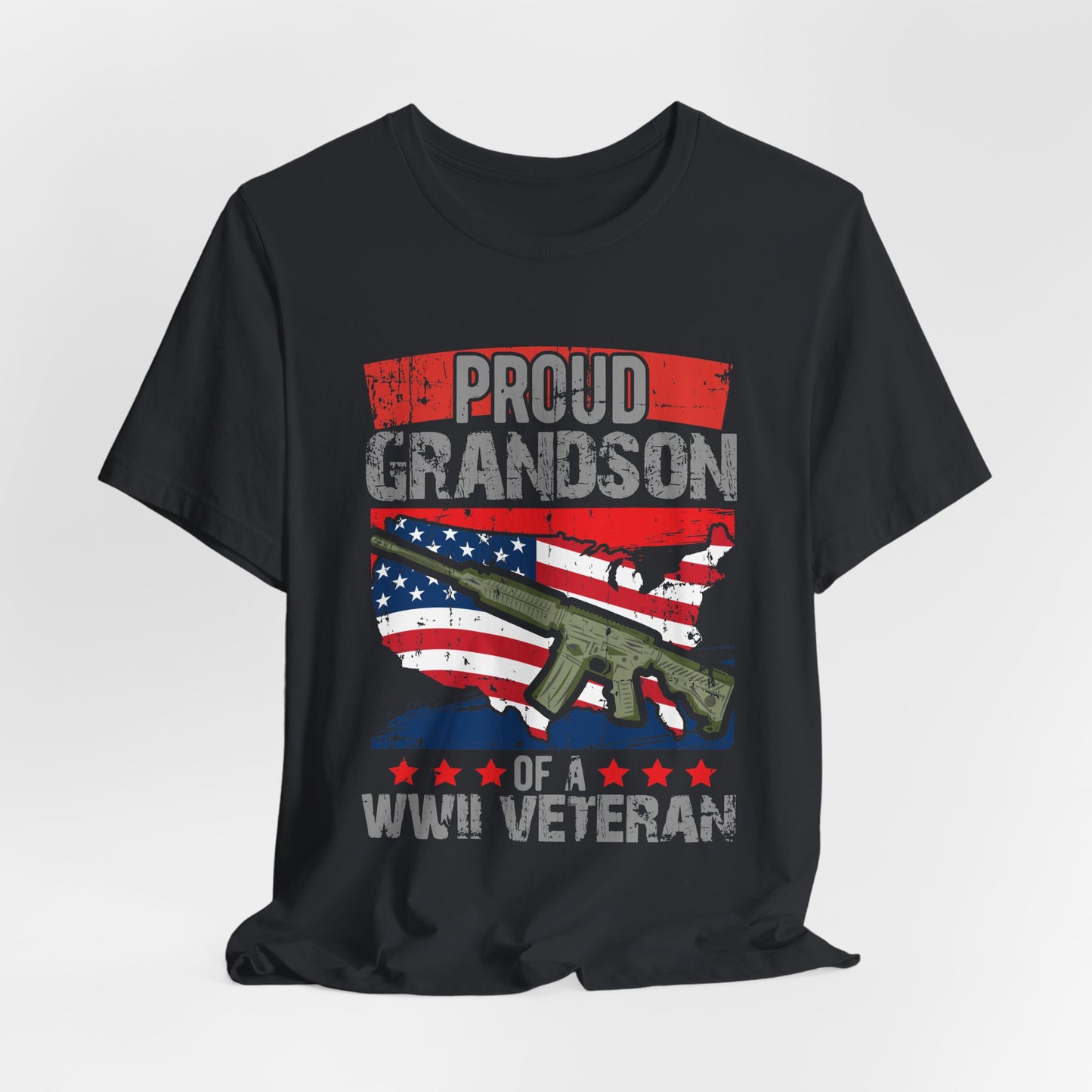 Proud Grandson of a WWII Veteran T-Shirt American Flag Rifle Graphic Unisex Cotton v16