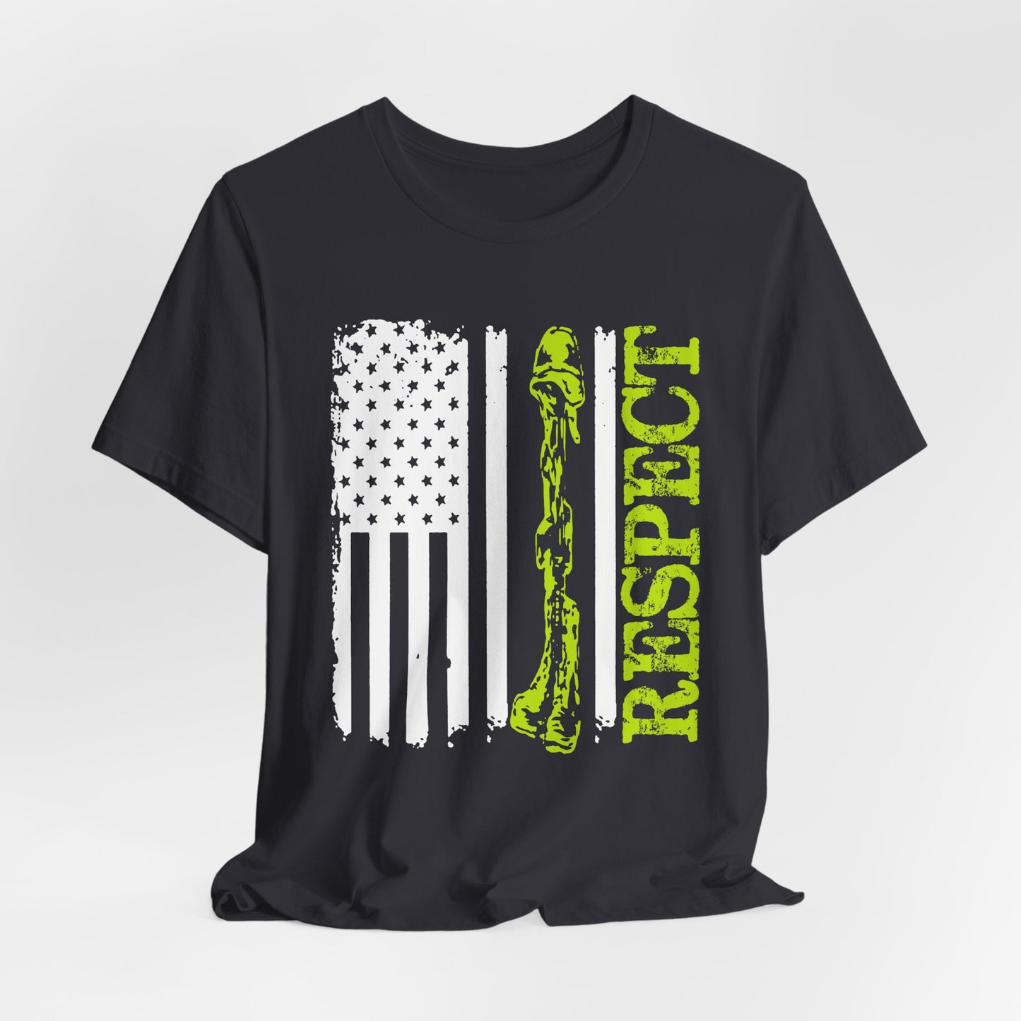 Respect Flag Rifle T-Shirt American Flag, Rifle Silhouette Military Tribute Unisex Cotton v57