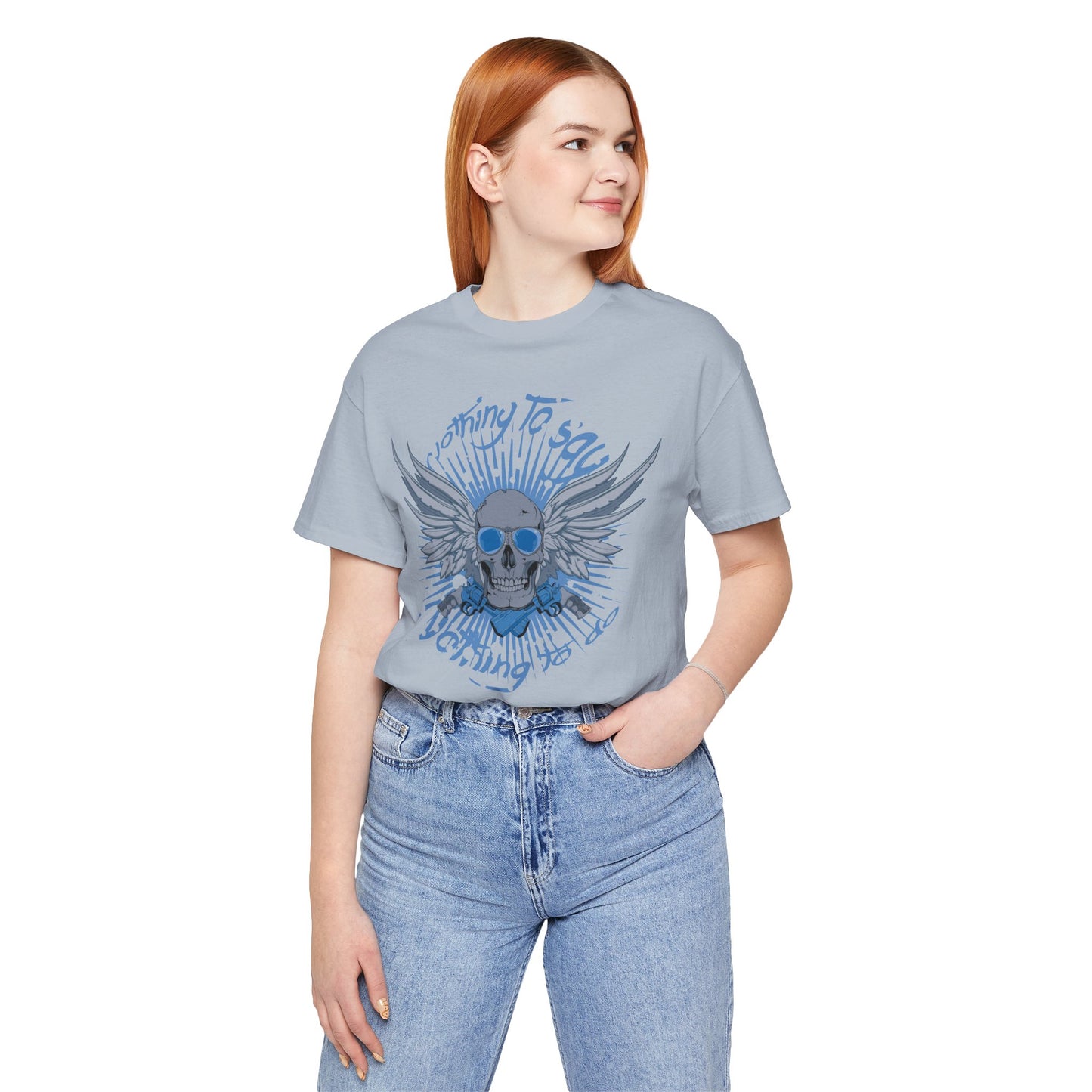 Winged Skull Graphic Tee | Blue Skull with Wings, Radiant Burst