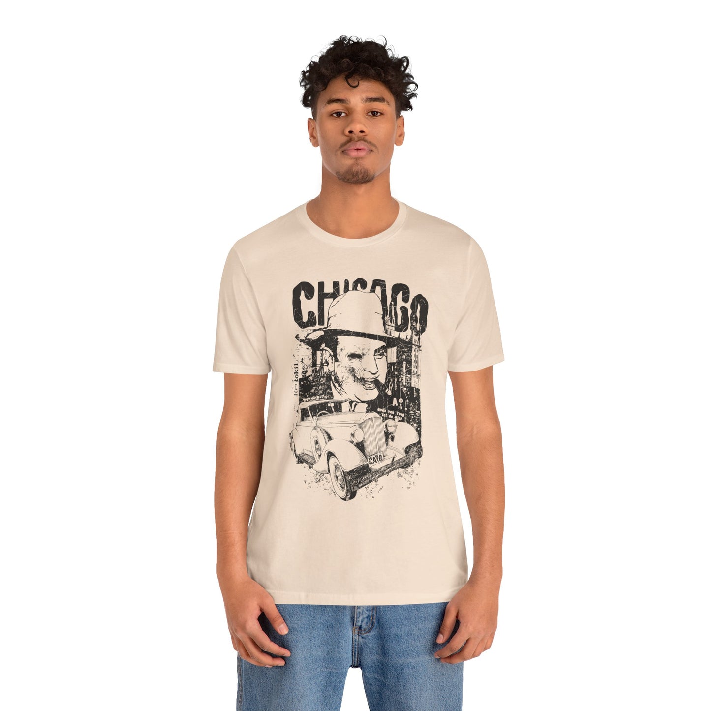 Chicago Retro Mobster Illustration Tee Vintage Car Cityscape Art Design T-Shirt A-8
