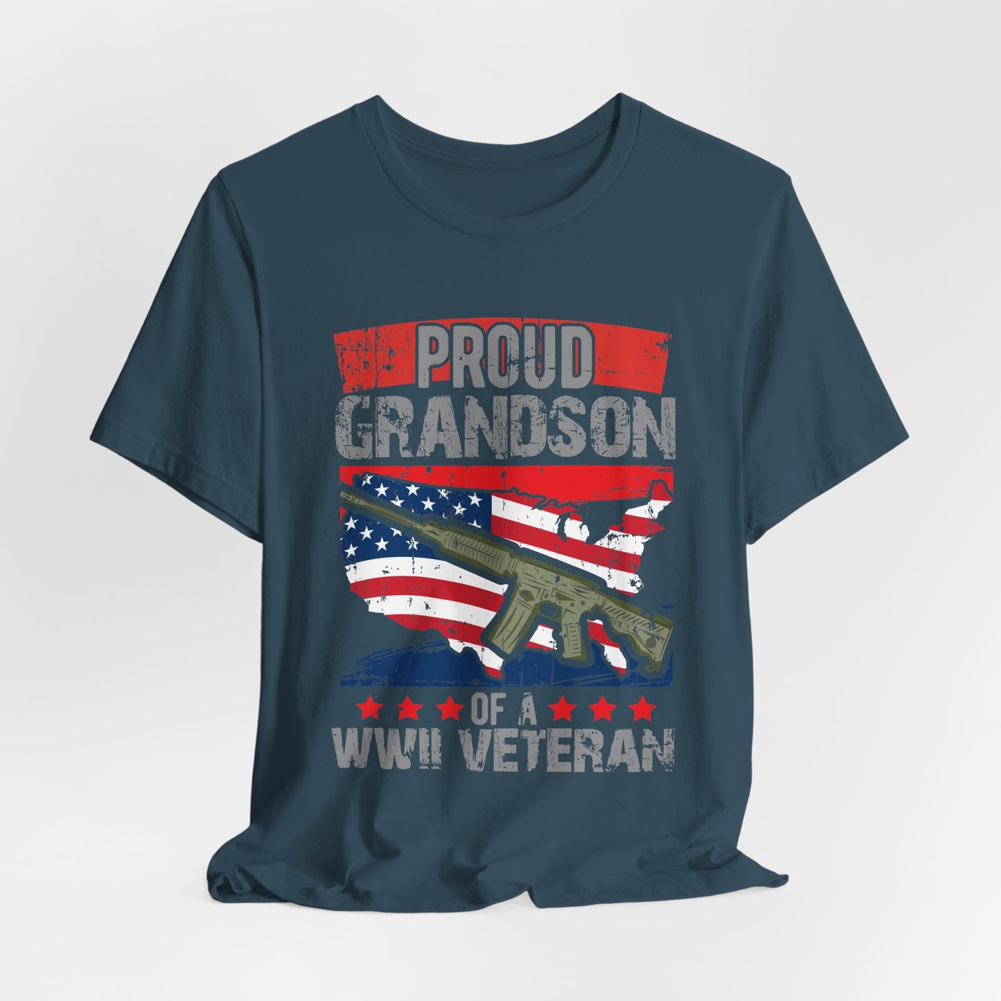 Proud Grandson of a WWII Veteran T-Shirt American Flag Rifle Graphic Unisex Cotton v16