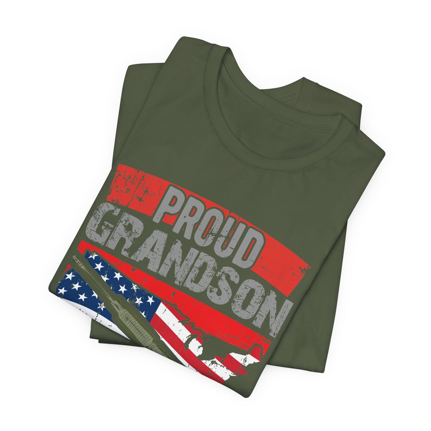 Proud Grandson of a WWII Veteran T-Shirt American Flag Rifle Graphic Unisex Cotton v16