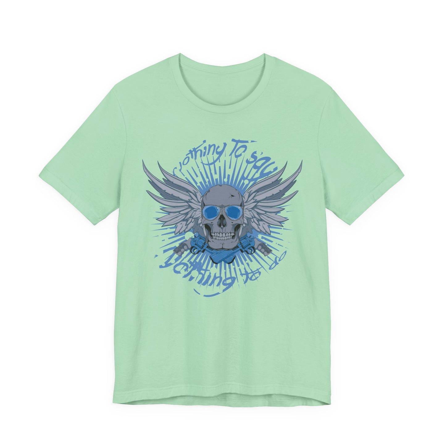 Winged Skull Graphic Tee | Blue Skull with Wings, Radiant Burst