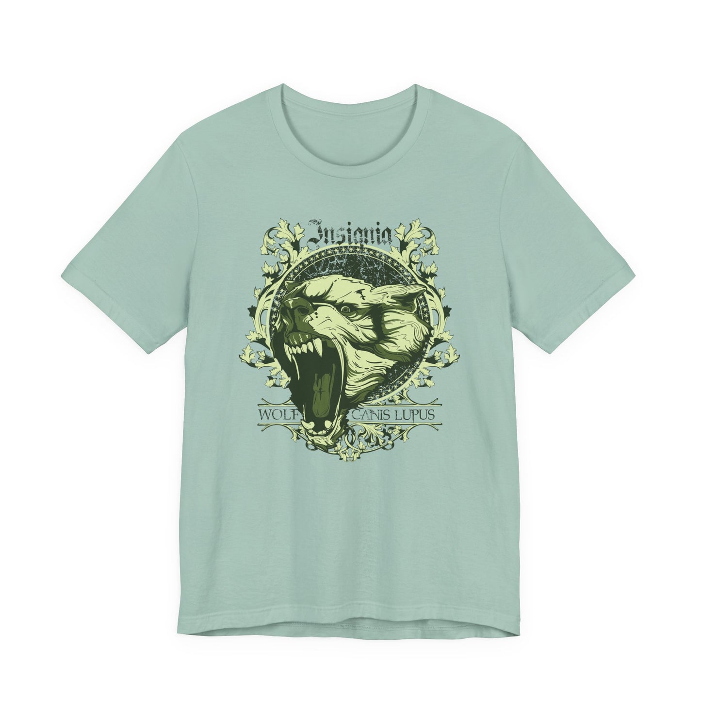 Howling Wolf Skull Tee Gothic Vintage Crest, Green Graphic Shirt Art-54